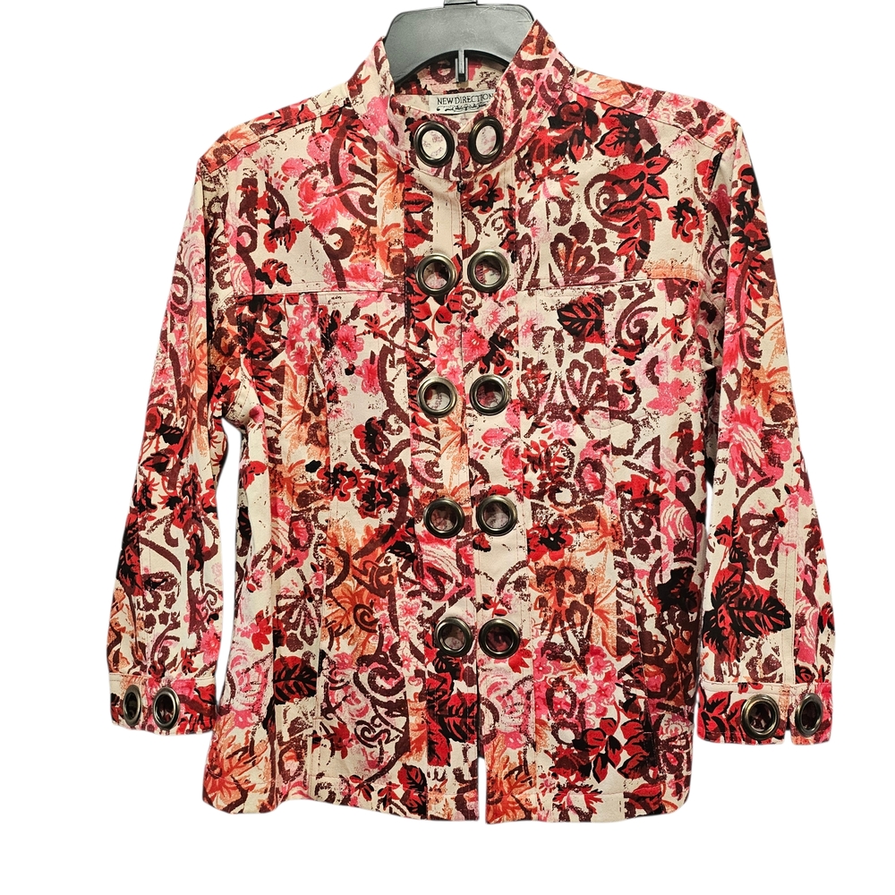 New Directions Red Pink Black Floral Hook & Eye Closure 100% Cotton Jacket Sz M